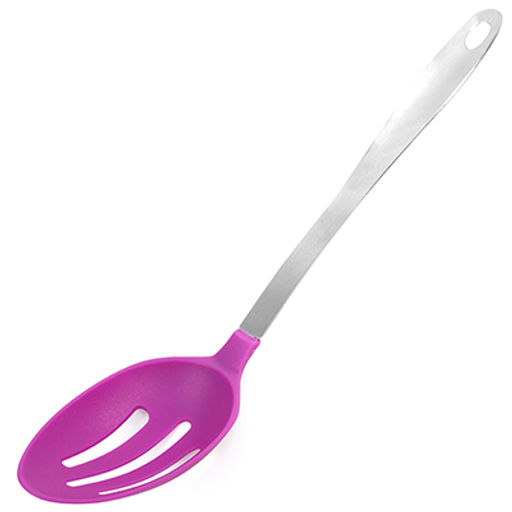 Ложка гарнирная для тефлоновой посуды пластмассовая Баклажан 35см, ручка из нержавеющей стали, с прорезями (Китай)
