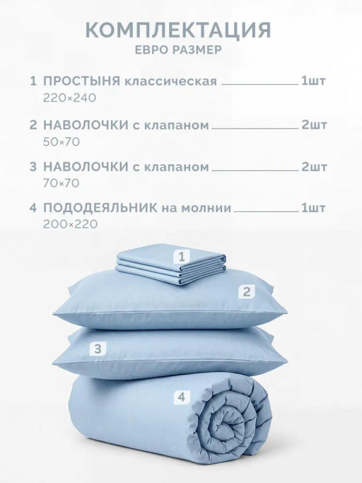 Постельное белье Моноспейс Евро + 4 наволочки, серо-голубой - Ecotex фото 5