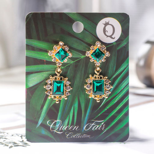 Серьги со стразами Ажур дуэт, цвет изумрудный в золоте - Queen fair фото 2