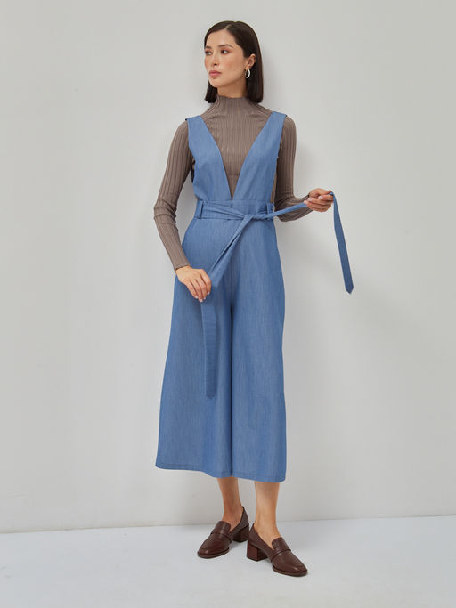 Комбинезон с брюками-кюлотами из костюмной однотонной джинсовой ткани - Tantino фото 3