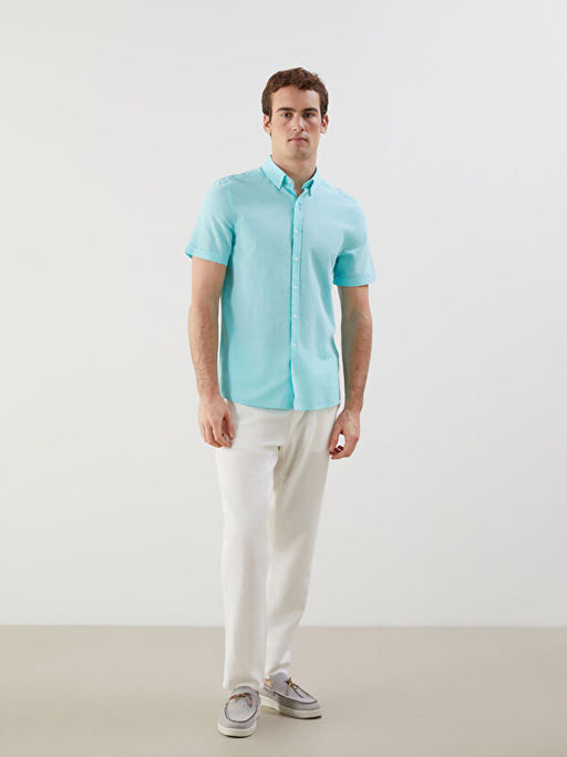 Slim Fit K?sa Kollu Keten Kar???ml? Erkek G?mlek