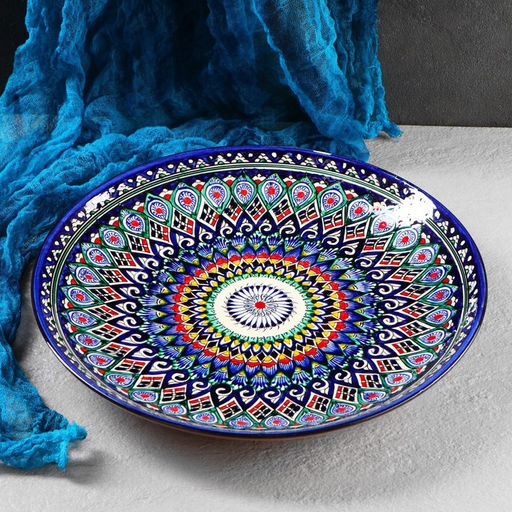 Ляган узбекский Риштанская керамика «Узоры», для плова, d=32 см, синий