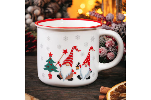 Кружка 400 мл 13*9,5*8,8 см "Гномики с елкой" с красной каймой NEW BONE CHINA