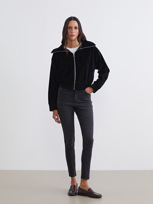 Dik Yaka Oversize Kad?n Fermuarl? Sweatshirt