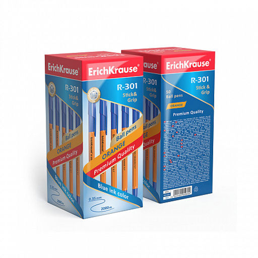 Цена за 50 шт. Ручка шариковая ErichKrause R-301 Stick&Grip Orange 0.7, цвет чернил синий (в коробке по 50 шт.)  фото 3