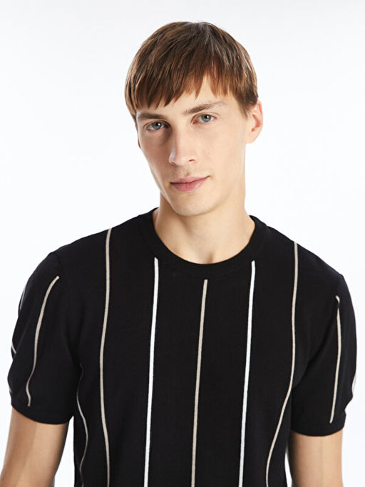 Bisiklet Yaka K?sa Kollu ?izgili Erkek Triko Kazak