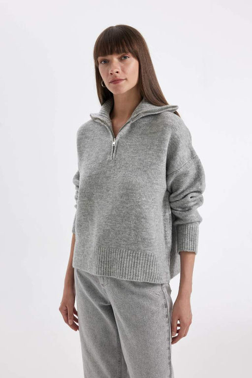 Трикотажный свитер оверсайз с воротником поло и полумолнией - Defacto фото 3