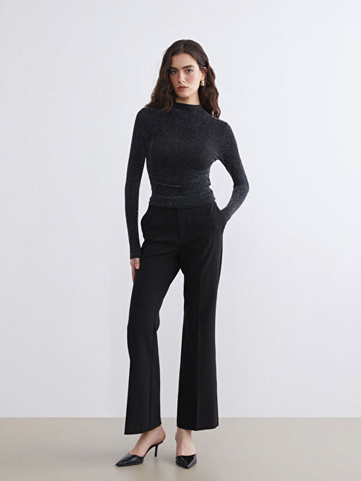 Dik Yaka Parlak G?r?n?ml? Bluz