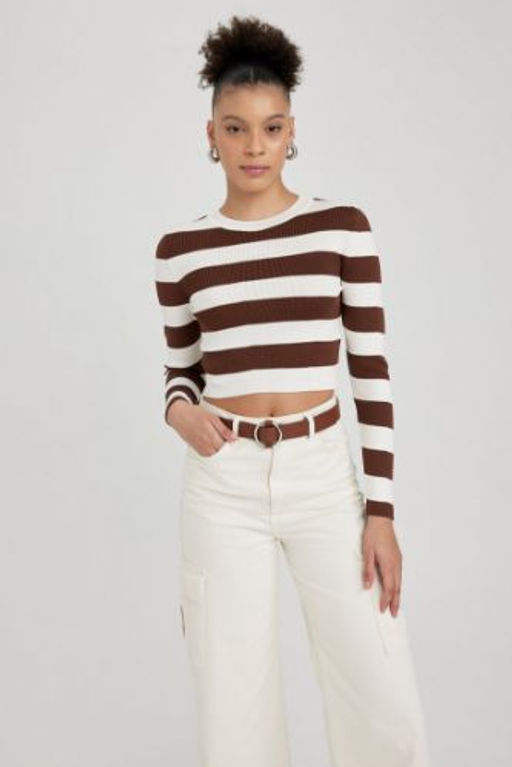 Coool Slim Fit Cizgili Bisiklet Yaka Triko Kazak