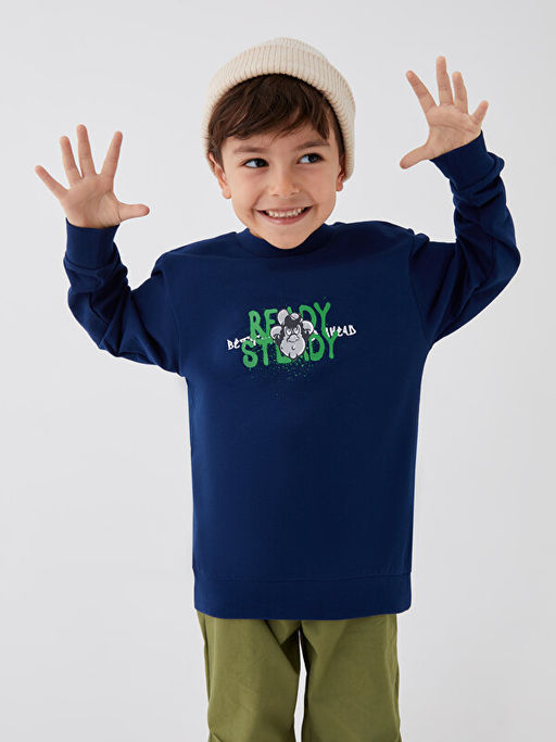 Bisiklet Yaka Nostaljik Maymun Bask?l? Uzun Kollu Erkek ?ocuk Sweatshirt