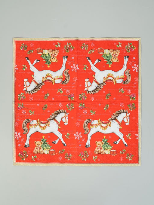 Цена за 3 шт. Салфетки бумажные трёхслойные «Новогодняя лошадка. Красный фон», 33×33, 20 шт.