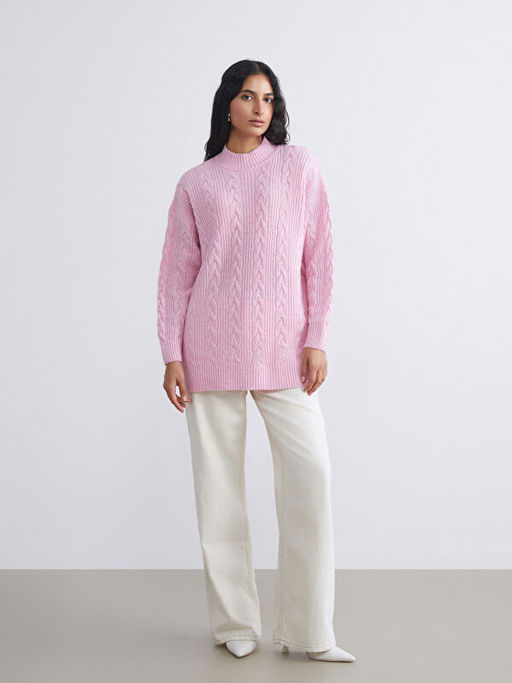 Dik Yaka Kendinden Desenli Kad?n Triko Tunik