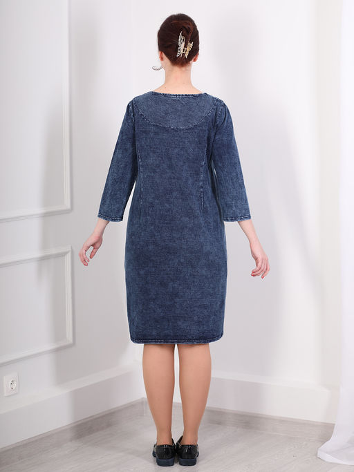 Платье джинсовое прямое миди с укороченным рукавом - Almond фото 6