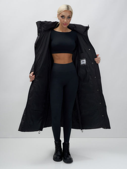 Пальто утепленное стеганное зимнее с капюшоном женское черного цвета 9602Ch - Mtforce фото 15