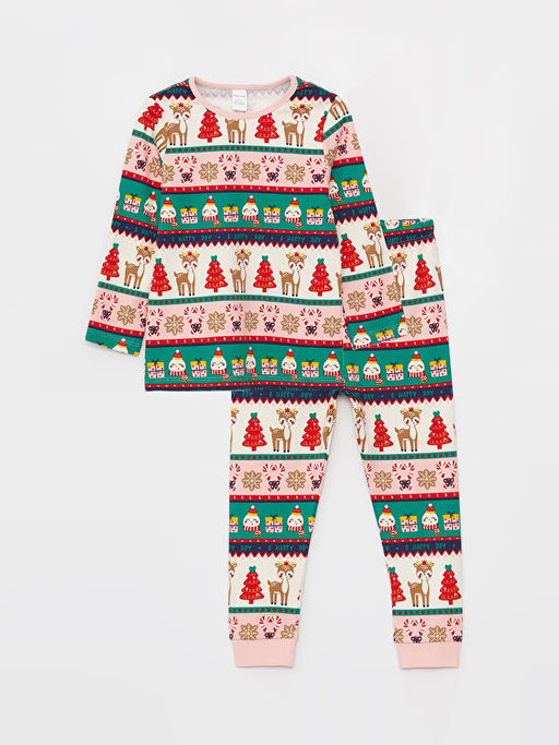 Bisiklet Yaka Uzun Kollu Y?lba?? Temal? K?z Bebek Pijama Tak?m?