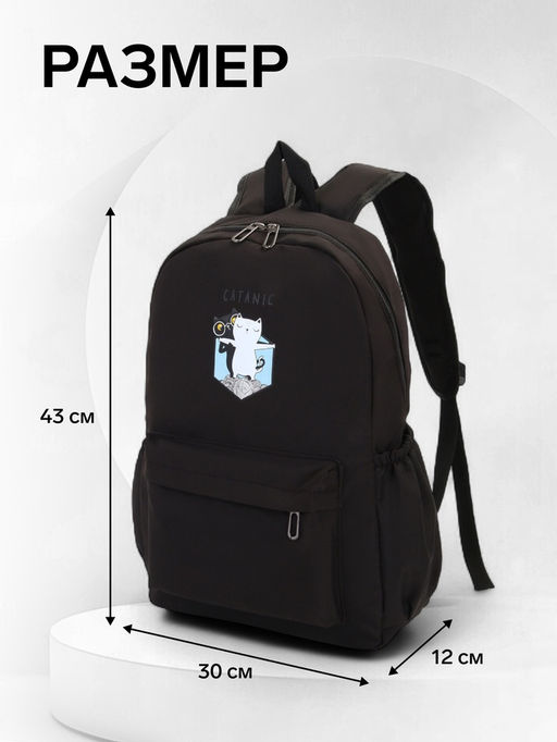Рюкзак школьный на молнии, с карманами, с принтом, размер 30?12?43 см, чёрный