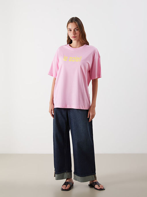 Bisiklet Yaka Bask?l? Oversize Kad?n Ti??rt