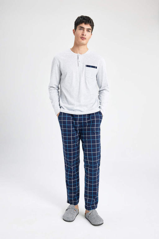 Regular Fit Pijama Tak?m? Bisiklet Yaka Uzun Kollu Ust Beli Lastikli Kareli Uzun Alt - Defacto фото 2