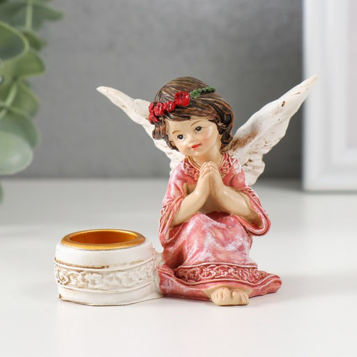Подсвечник на 1 свечу Ангел в платье с венком, полистоун, d=2.2 см, 7.2?8.7?5.5 см, МИКС