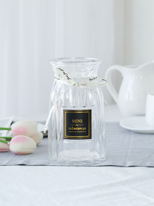 Ваза для цветов 18 см прозрачная с лентой этикетка / WRD-141 /уп 30/ без и/уп