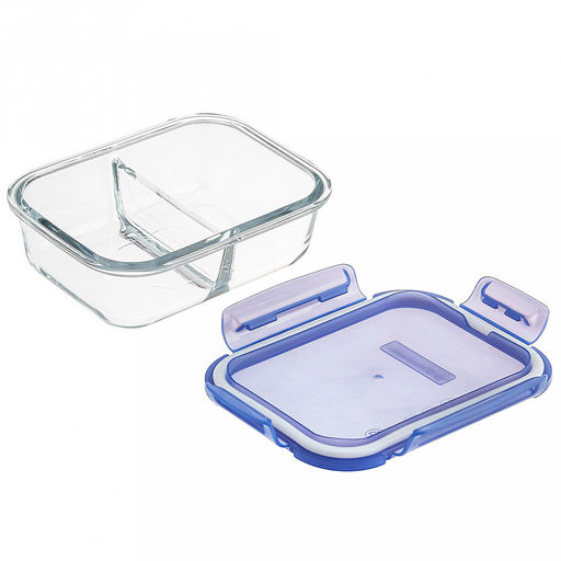 Контейнер стеклянный Lockie&Lock Food 630мл, с разделителем, пластмассовая крышка, синий, Pasabahce (Турция) - Домашняя мода фото 2