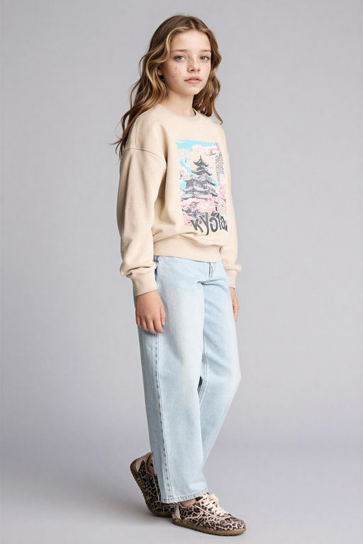 Relax Fit Bisiklet Yaka Bask_l_ Sweatshirt K_z _ocuk - Defacto фото 2