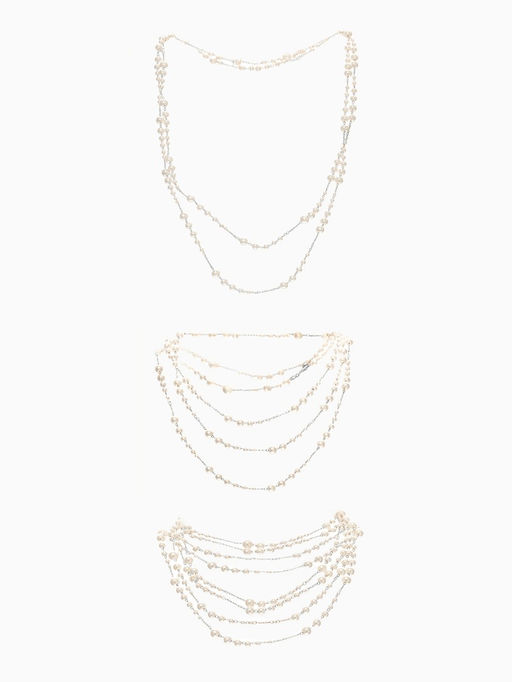 Бусы жемчужные, длинные, d=3.4, 5.6, 8.10, белые в серебре