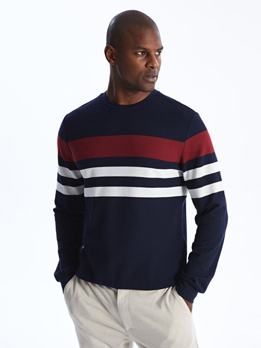 Bisiklet Yaka Uzun Kollu ?izgili Erkek Sweatshirt