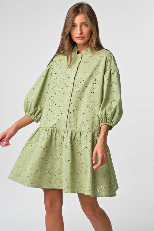 Платье летнее кружевное свободное из хлопка шалфей