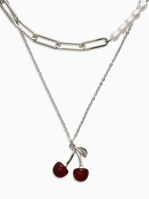 Кулон-цепь 2 яруса "Вишня", цвет бордовый в серебре 40+50+удл