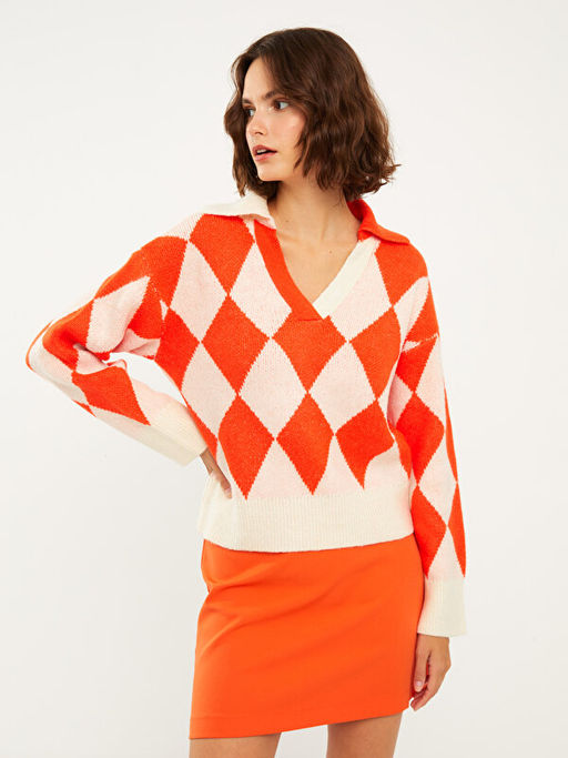 Polo Yaka Baklava Desenli Kad?n Triko Kazak