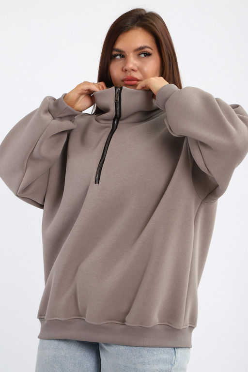 Толстовка женская из футера начес Комфорт серо-коричневый макси