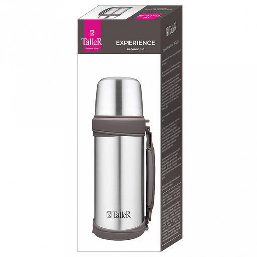 Термос из нержавеющей стали с узкой горловиной 1л "Experience" д9,5см, h28,5см, горло д5,1см, полировка матовая, винтовая пробка, кнопочный переключатель, завинчивающаяся крышка-кружка, ручка, ремень, "TalleR" (Китай)