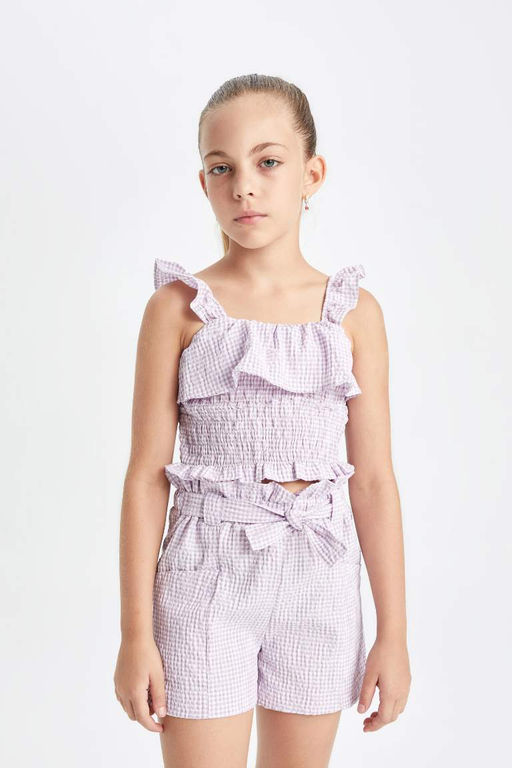 Клетчатые шорты из бумажного пакета для девочек - Defacto фото 3