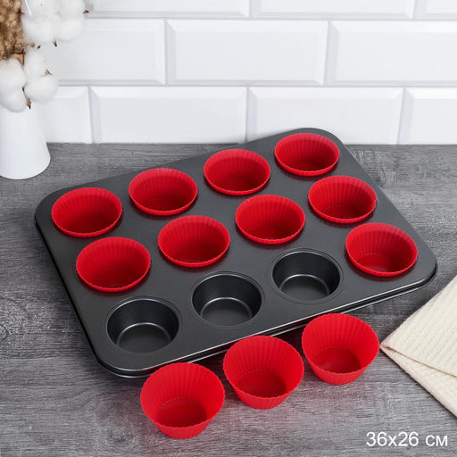 Набор для выпечки кексов и капкейков 12 ячеек 36х26 + Форма силиконовая для кексов 12 штук / RSD-50/GF-743 Красный - Галеонтрейд фото 3