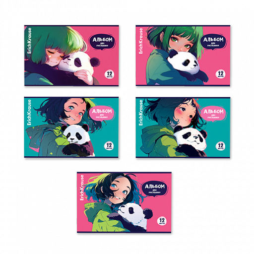 Цена за 5 шт. Альбом для рисования на скобе ErichKrause Panda Hugs, А4, 12 листов_MIX-PACK