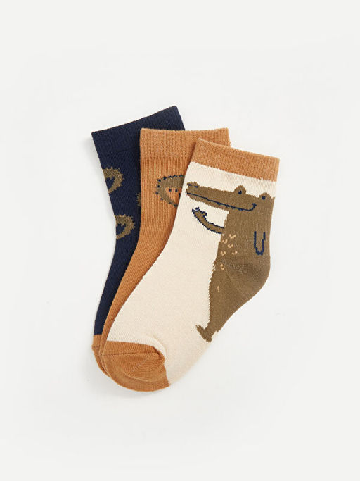 Bask?l? Erkek Bebek Soket ?orap 3l?