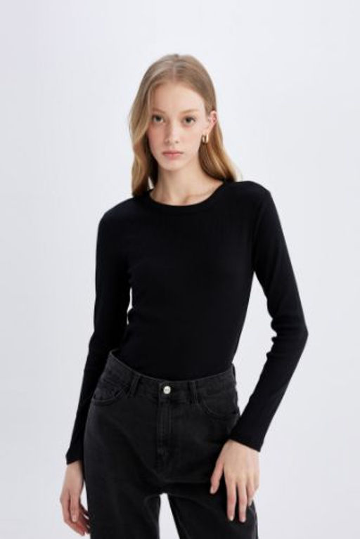 Siyah Slim Fit Dar Kesim Bisiklet Yaka Fitilli Kaskorse Basic Duz Uzun Kollu Tisort