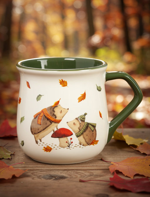 Кружка, 400 мл, керамика D, бело-зеленая, Ежи у гриба, Autumn friends