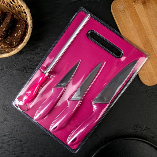 Набор кухонных принадлежностей, 5 предметов: ножи 9 см, 12 см, 15 см, мусат, доска, цвет МИКС - Simaland фото 2