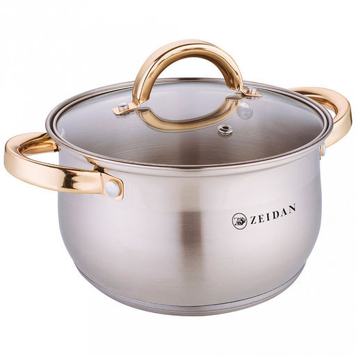 "Zeidan" Кастрюля из нержавеющей стали 6,6л, д24см, стеклянная крышка, ручки "под золото", комбинированная полировка снаружи, матовая полировка внутри, 5-ти степовое капсулированное индукционное дно, подарочная упаковка (Китай) Подходит для индукцио
