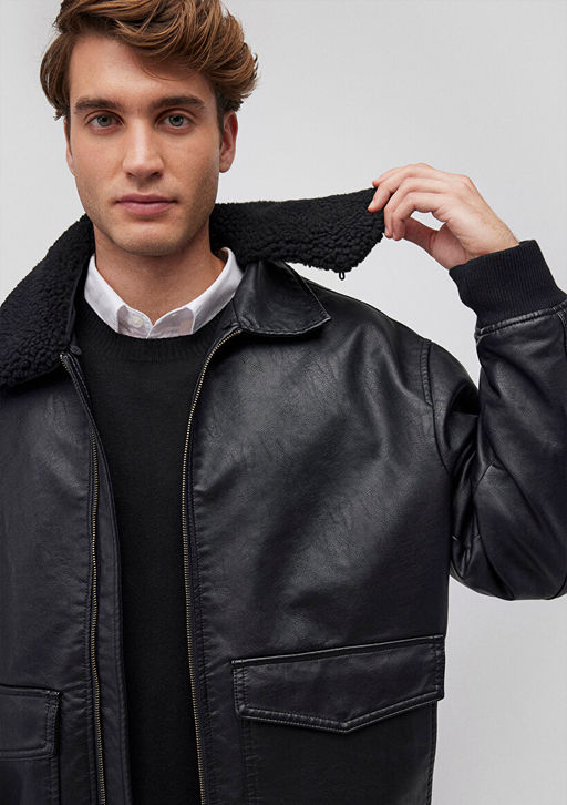 Suni Kurk Detayl? Siyah Suni Deri Ceket - Mavi фото 6