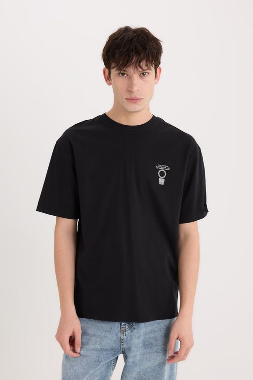 %100 Pamuk Boxy Fit Bisiklet Yaka S_rt Bask_l_ K_sa Kollu Ti__rt