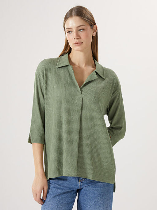 G?mlek Yaka Dokulu Oversize Kad?n Bluz