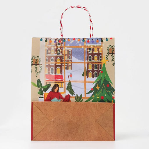 Пакет бумажный подарочный новогодний крафт "Новогодний уют" 26 х 32 х 12 см.