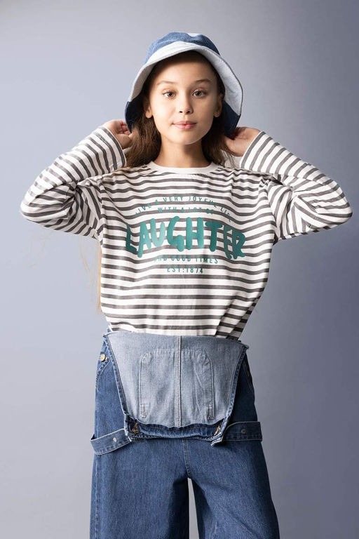 Футболка оверсайз с круглым вырезом и длинными рукавами для девочек - Defacto фото 3