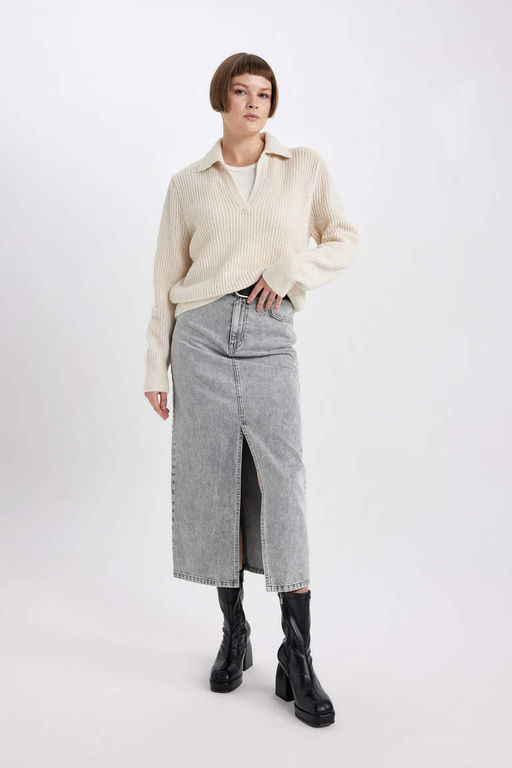 Кружевной свитер с воротником поло и расслабленным кроем - Defacto фото 2