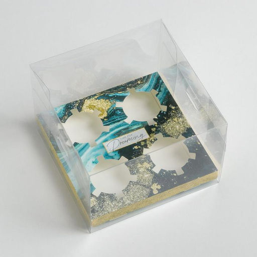 Цена за 5 шт. Коробка для капкейка, кондитерская упаковка, 4 ячейки, «Голубой мрамор», 16×16×11.5 см
