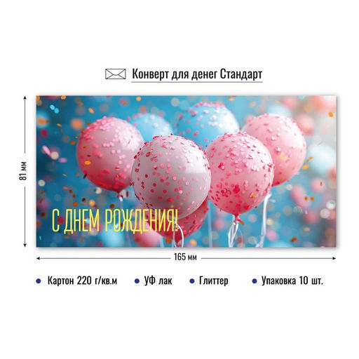 Цена за 5 шт. Конверт для денег "С Днем Рождения!" (9176) уф-лак, блестки