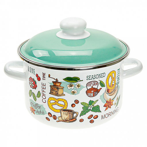 "Утренний кофе" Кастрюля эмалированная 2л, цилиндрическая форма, металлическая крышка, белый (Россия)